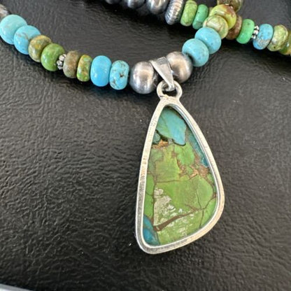 Navajo Blue Green Mojave Turquoise Pendant | Sterling Silver Pearl Necklace | Authentic Native American Handmade | 16921