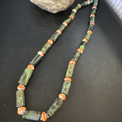 Navajo Green Turquoise and Spiny Oyster Necklace | Sterling Silver | Authentic Native American Handmade | 24" | 14986