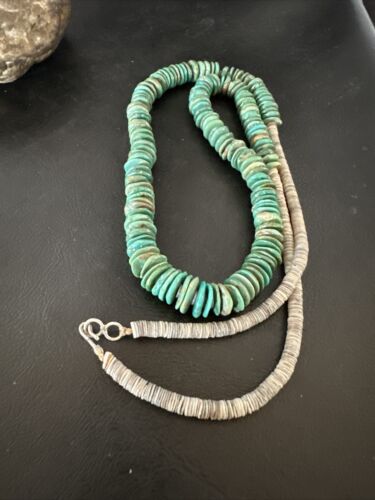Santo Domingo Green Turquoise Shell Necklace | Sterling Silver | 30" | Authentic Native American Handmade | 17451