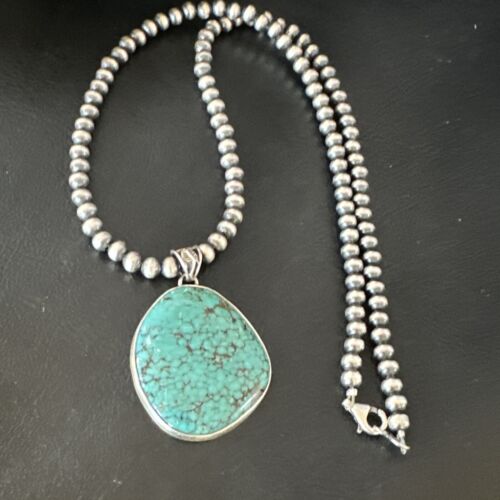 Men's Navajo Blue Spiderweb Turquoise Pendant Necklace | Sterling Silver | Authentic Native American Handmade | 16216