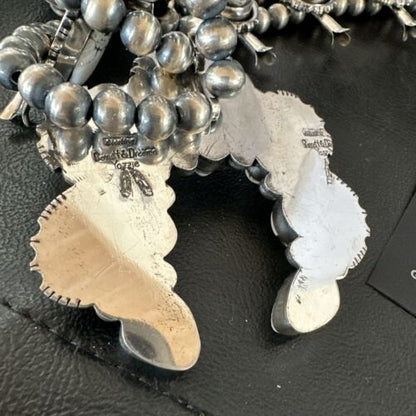 Navajo White Buffalo Turquoise Pendant Earrings | Sterling Silver Squash Blossom Necklace | 17443