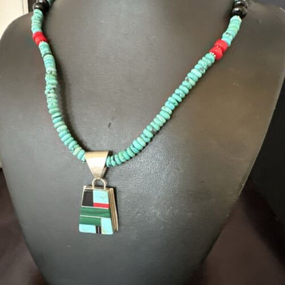 Navajo Turquoise Lapis Inlay Pendant Necklace | Sterling Silver | 20" | Authentic Native American Handmade | 17508