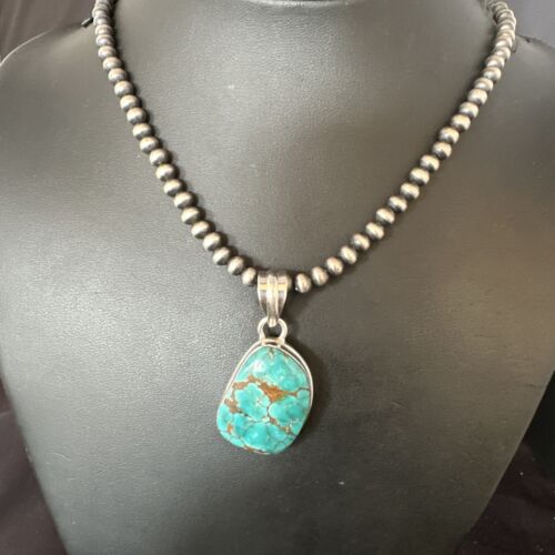 Navajo Blue Spiderweb Turquoise Pendant Necklace | Sterling Silver | Native American Handmade | 15572