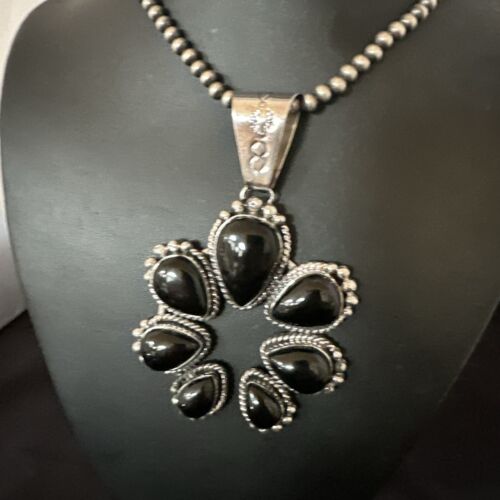Navajo Men's Black Onyx Naja Pendant Necklace | Sterling Silver Pearls | Authentic Native American Handmade | 16808
