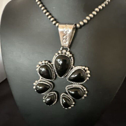 Navajo Men's Black Onyx Naja Pendant Necklace | Sterling Silver Pearls | Authentic Native American Handmade | 16808