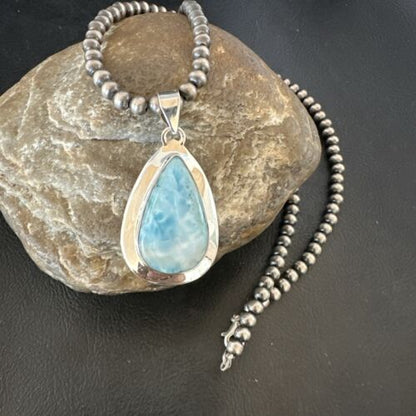 Navajo Blue Larimar Pendant Necklace | Sterling Silver Beads | Authentic Native American Handmade | 16962