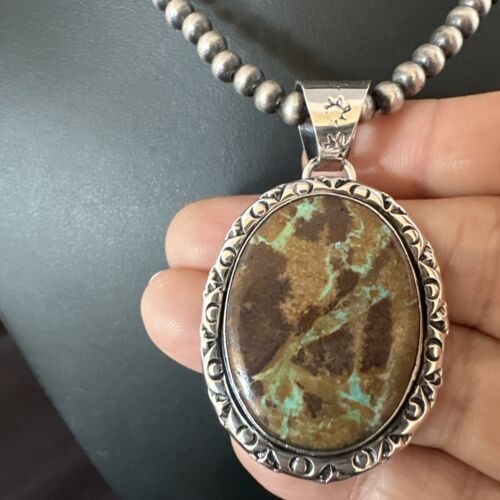 Navajo Green Gaspeite Pendant Necklace | Sterling Silver | Authentic Native American Handmade | 16360