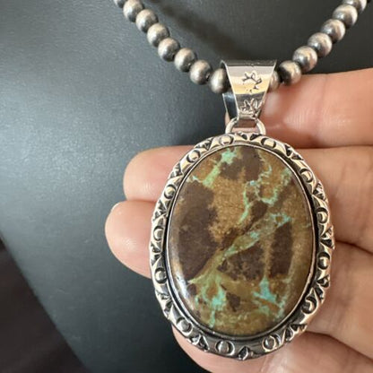 Navajo Green Gaspeite Pendant Necklace | Sterling Silver | Authentic Native American Handmade | 16360
