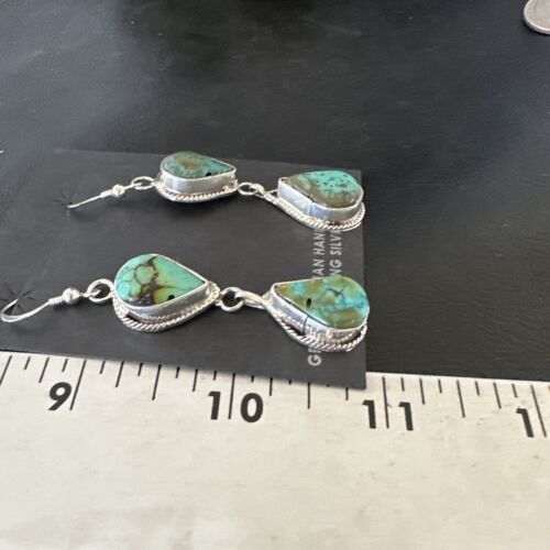 Navajo Green Royston Turquoise Dangle Earrings | Sterling Silver | Authentic Native American Handmade | 16495