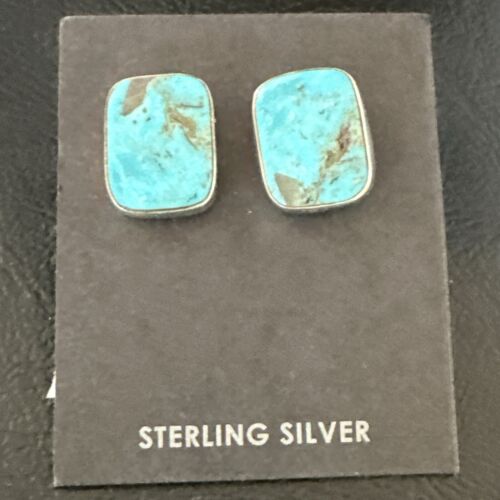 Navajo Blue Kingman Turquoise Post Stud Earrings | Sterling Silver | Authentic Native American Handmade | 17410