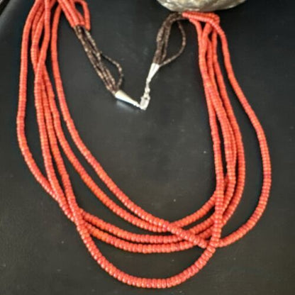 Navajo Red Spiny Oyster Shell Necklace | 5 Strand | Sterling Silver | 26" | Authentic Native American Handmade | 15530