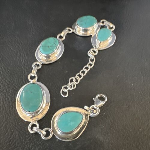 Navajo Blue Turquoise Link Bracelet | Sterling Silver | 8" | Authentic Native American Handmade | 15478