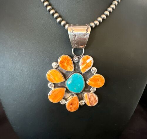 Navajo Blue Turquoise | Spiny Oyster Pendant Necklace | Sterling Silver | Multi-Stone | 16834