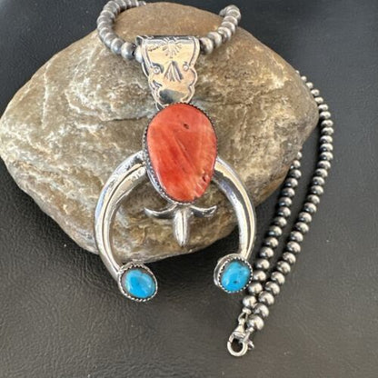 Navajo Blue Turquoise Red Spiny Oyster Naja Pendant | Sterling Silver | Authentic Native American Handmade | 16405
