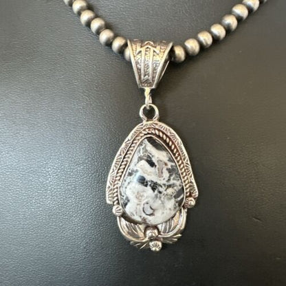 Navajo White Buffalo Turquoise Pendant Necklace | Sterling Silver | Authentic Native American Handmade | 17522