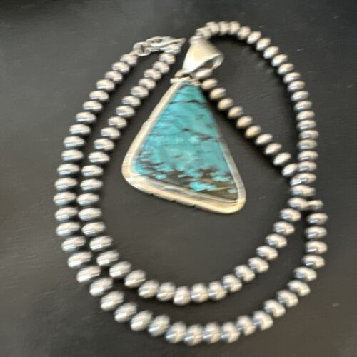 Men's Navajo Blue Spiderweb Turquoise Pendant Necklace | Sterling Silver | Authentic Native American Handmade | 16214