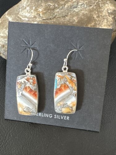 Navajo Blue Turquoise & Orange Spiny Oyster Inlay Dangle Earrings | Sterling Silver | 15582