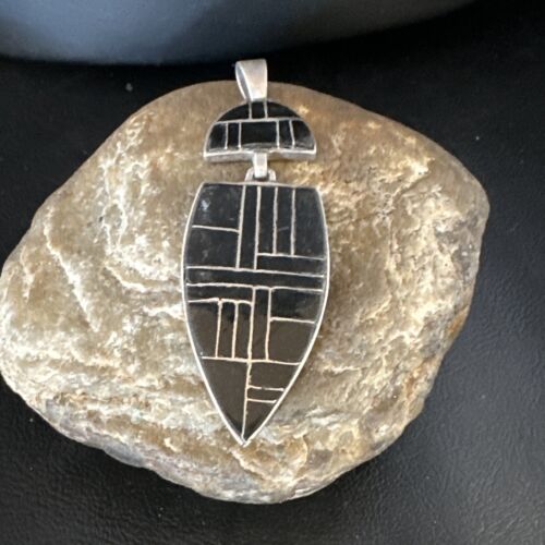 Navajo Sterling Silver Pendant with Black Onyx Inlay | Authentic Native American Handmade | 3" | 15174