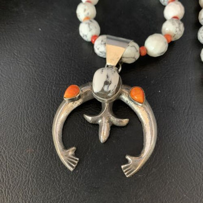 Navajo White Buffalo Turquoise Spiny Oyster Naja Pendant | Sterling Silver | Authentic Native American Handmade | 13648