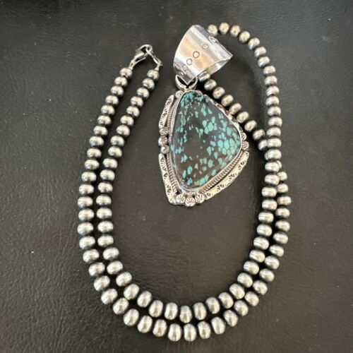 Men's Spiderweb Turquoise Pendant Necklace | Navajo Pearls | Sterling Silver | Native American Handmade | 17066