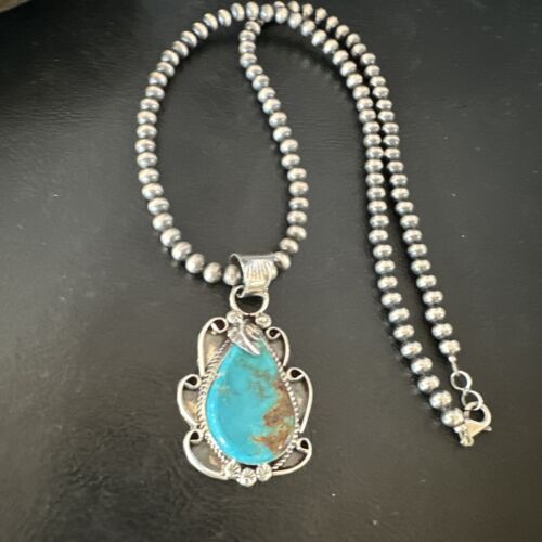 Men's Blue Kingman Turquoise Pendant Necklace | Navajo Pearls | Sterling Silver | 16022