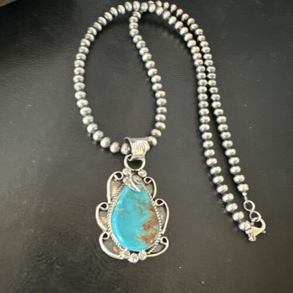 Men's Blue Kingman Turquoise Pendant Necklace | Navajo Pearls | Sterling Silver | 16022