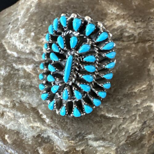 Navajo Blue Turquoise Cluster Ring | Authentic Native American Sterling Silver | Multi-Stone | Adjustable Sz 7 | 15703