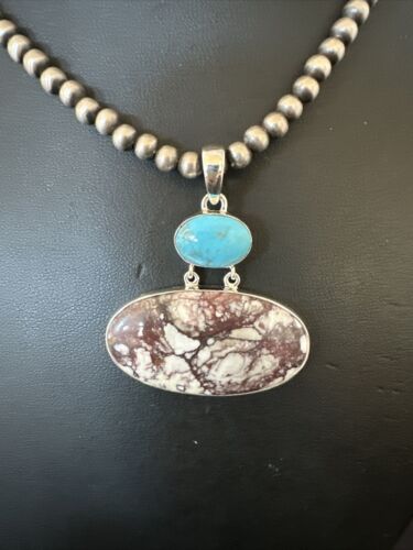 Navajo Wild Horse | Blue Kingman Turquoise Necklace | Sterling Silver | Authentic Native American Handmade | 17307