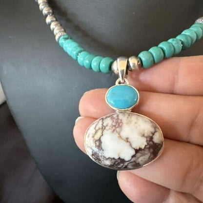 Navajo Wild Horse | Blue Kingman Turquoise Pendant Necklace | Sterling Silver | Native American Handmade | 17572