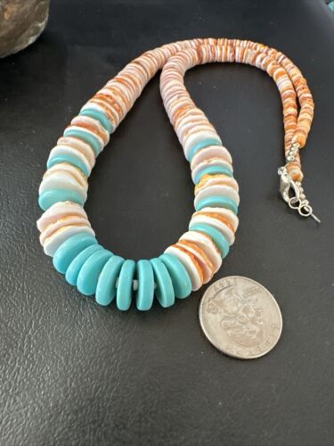 Navajo Sterling Silver Blue Turquoise & Spiny Oyster Graduated Necklace | Authentic Native American | 23" | 16902