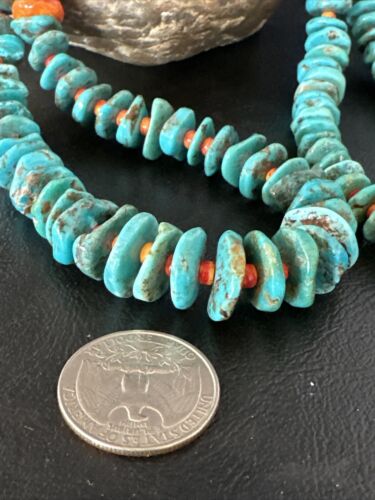 Navajo Blue Turquoise & Spiny Oyster Graduated Necklace | Sterling Silver | Authentic Native American | 28" | 14887