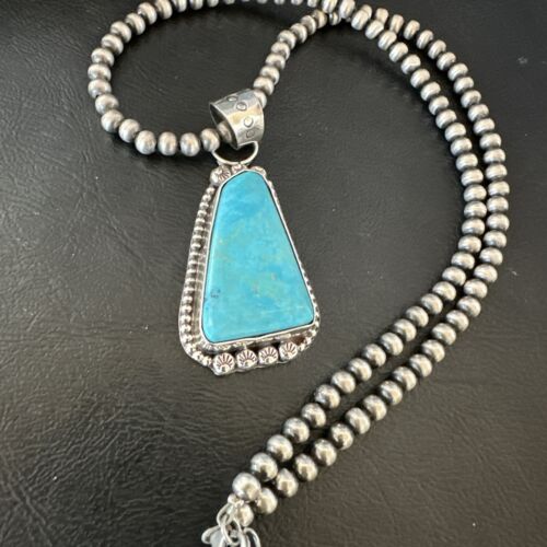 Navajo Pearls Kingman Turquoise Pendant Necklace | Sterling Silver | Authentic Native American Handmade | 17132