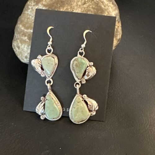 Navajo Green Royston Turquoise Dangle Earrings | Sterling Silver | Authentic Native American Handmade | 16838