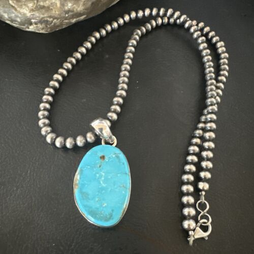 Navajo Blue Kingman Turquoise Pendant Necklace | Sterling Silver | 20" | Authentic Native American Handmade | 16692