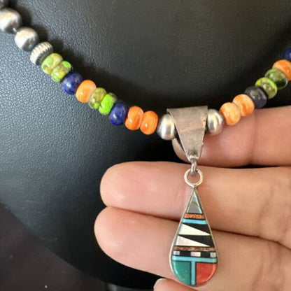 Navajo Spiny Oyster Turquoise Lapis Inlay Pendant Necklace | Sterling Silver | 21" | Authentic Native American Handmade | 16631
