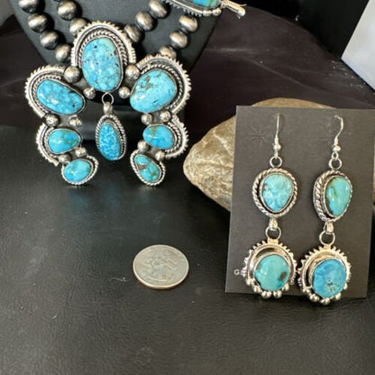 Navajo Ultra Rare Sonoran Mountain Blue Turquoise Squash Blossom Necklace Set | Sterling Silver | 17209