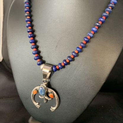 Navajo Blue Lapis Spiny Oyster Naja Pendant Necklace | Sterling Silver | Authentic Native American Handmade | 13706