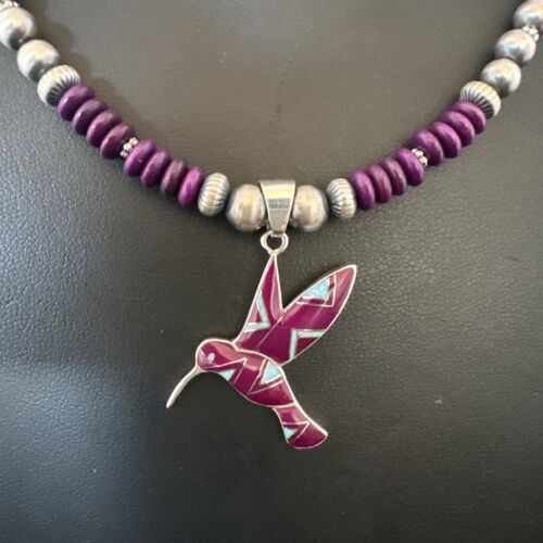 Navajo Hummingbird Purple Sugilite Inlay Pendant Necklace | Sterling Silver Inlay | Authentic Native American Handmade | 16762