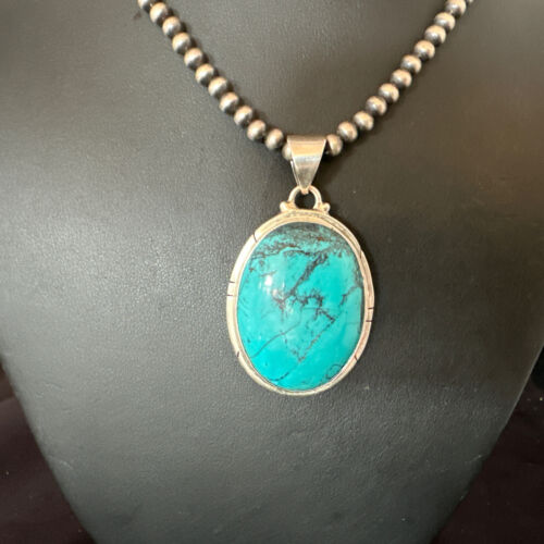 Men's Navajo Blue Spiderweb Turquoise Pendant Necklace | Sterling Silver | Authentic Native American Handmade | 16197