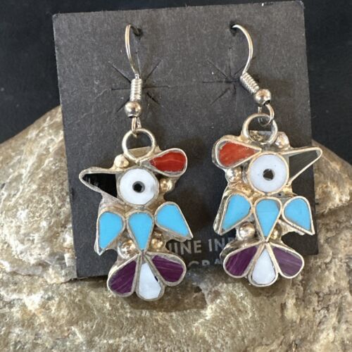 Zuni Peyote Bird Earrings | Coral Turquoise Onyx Inlay | Sterling Silver | 17137