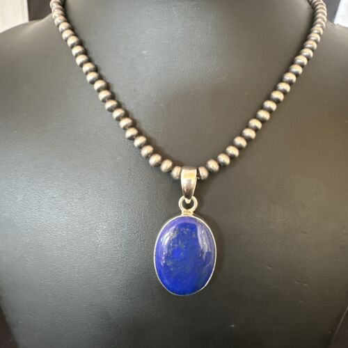 Navajo Blue Lapis Pendant with Pearls | Sterling Silver Necklace | 20" | Authentic Native American Handmade | 16663