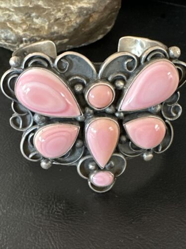 Navajo Butterfly Pink Conch Cuff Bracelet | Sterling Silver | Authentic Native American Handmade