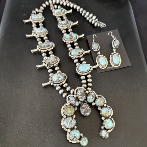 Navajo Blue Golden Hills Turquoise Squash Blossom Necklace & Earrings | Sterling Silver | 17210