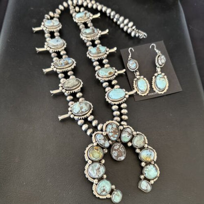 Navajo Blue Golden Hills Turquoise Squash Blossom Necklace & Earrings | Sterling Silver | 17210