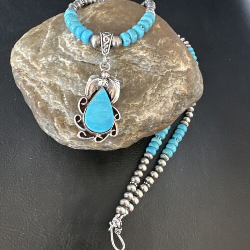 Navajo Blue Turquoise Pendant with Pearls | Sterling Silver Necklace | Authentic Native American Handmade | 15419