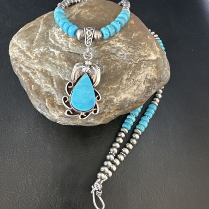 Navajo Blue Turquoise Pendant with Pearls | Sterling Silver Necklace | Authentic Native American Handmade | 15419