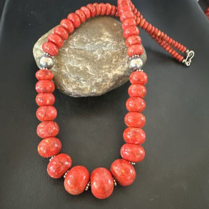 Authentic Navajo Sterling Silver Necklace | Apple Sponge Coral Graduated Beads | 25" | Native American Jewelry | 16815