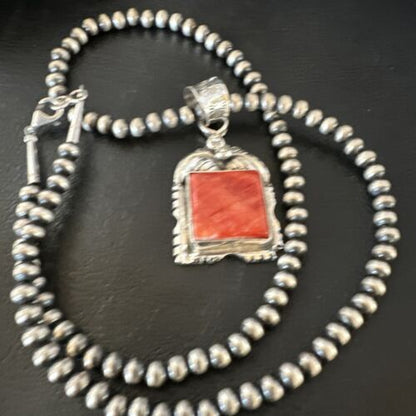 Navajo Red Spiny Oyster Pendant Necklace | Sterling Silver | Authentic Native American Handmade | 16148