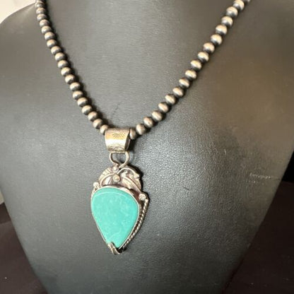 Navajo Blue Turquoise Pendant Necklace | Sterling Silver Pearls | Authentic Native American Handmade | 15648