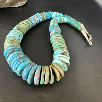 Navajo Blue Green Turquoise Necklace | Sterling Silver Graduated Beads | Authentic Native American | 19" | 15318